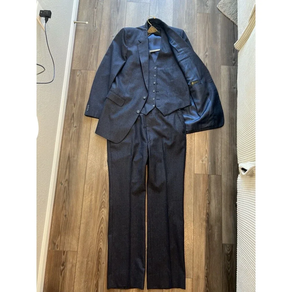 Vintage Beckwith Custom 3pc Suit Mens Charcoal Grey Wool Flannel, L 42R 34”x32”